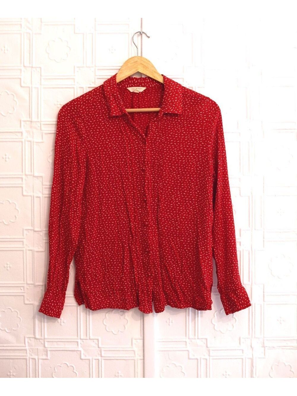 Lucky Brand Red Button-Up Blouse with White Pattern XS